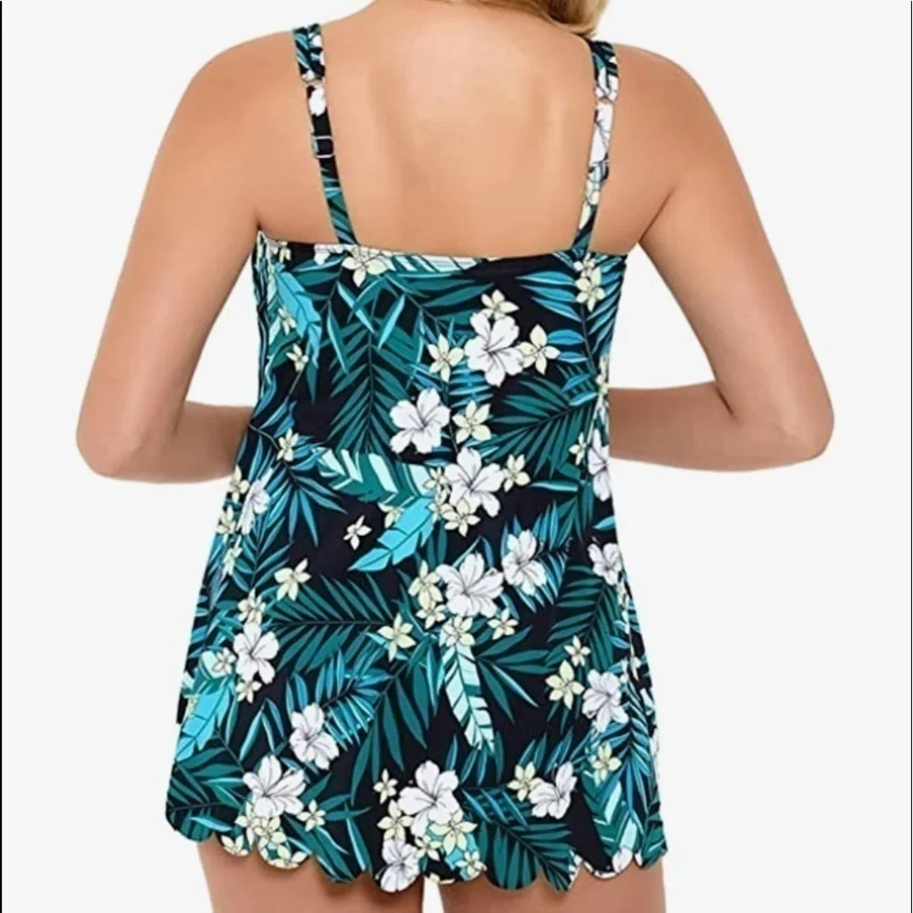 SWIM SOLUTIONS Women's Black Tropical Print High Neck Scalloped Swimdress - Picture 4 of 13